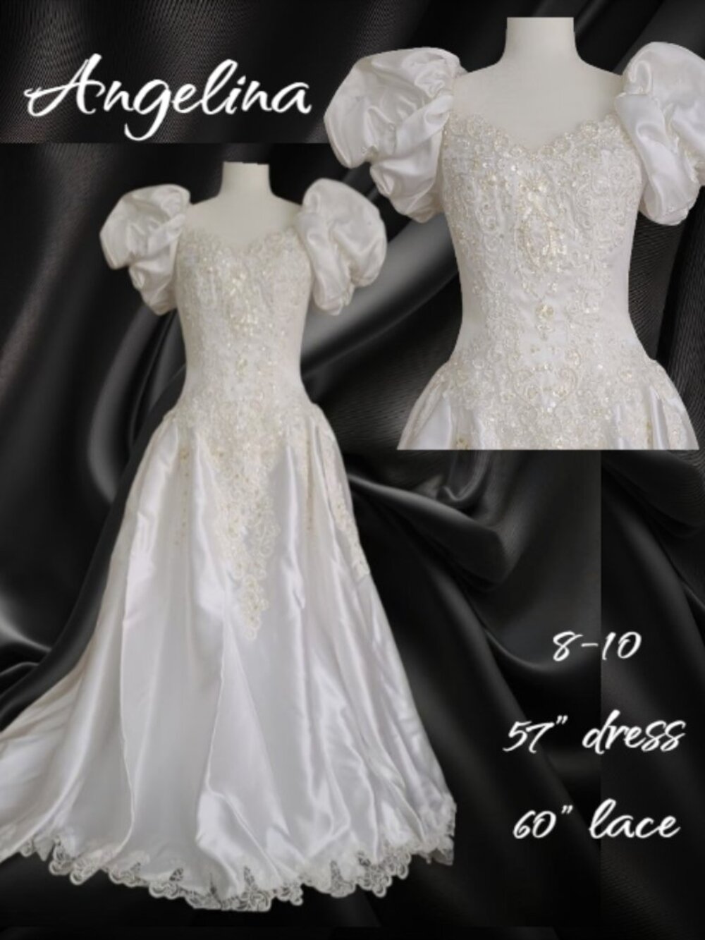 White Alfred Angelo Beaded Satin Wedding Dress with Puff Sleeves 8-10